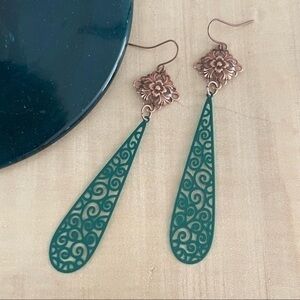 2/$29 Handmade Long Boho Statement Earrings 4” Copper & Green Mixed Metal